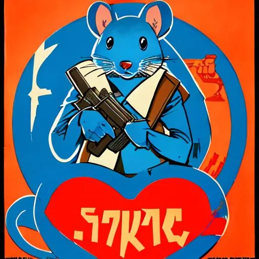 Prompt: Soviet propaganda poster featuring a blue rat with heart eyes holding a pistol