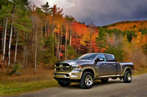 Prompt: long shot scenic professional photograph of a gray 2007 Dodge Ram truck. Pocono Mountains. Perfect point of view, highly detailed, wide-angle lens, hyper realistic, with dramatic sky, polarizing filter, natural lighting, vivid colors, everything in sharp focus, HDR, UHD, 64K.