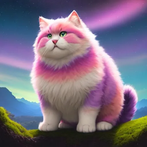 Prompt: SFW, landscape, 3 / 4 view, wide view, 7 "colorful, mean, proud, super massive, obese, baby cat", with a halo", glowing, realistic, spiked hair, fluffy, silky, furry, backlit, warm tones, night-sky, moss, indigo, cream, coral, bone-white, photorealistic eyes, ornate, dynamic, particulate, intricate, elegant, highly detailed,  airbrush, acrylic on paper, volumetric lighting, occlusion, smooth, sharp focus, 128K UHD octane render, w more detail, ultra realistic, insane detail, cinematic