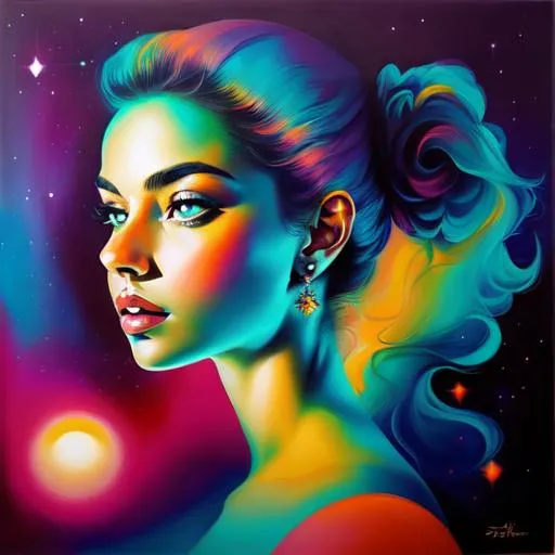 Prompt: Surreal portrait of beautiful female, cosmic landscape background, acrylic on canvas in style of post modernism 