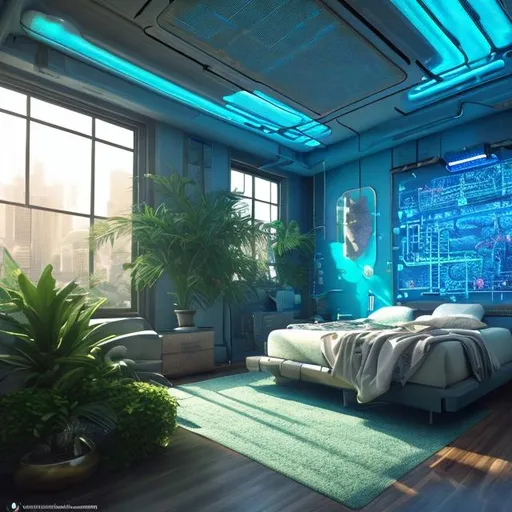 Prompt: futuristic cluttered large bedroom blue, wall of screen, thick carpet, projects, beautiful, luxury, interior, solarpunk, tropical island, realistic details, photorealistic, 8k render, cinematic lighting, ultra detailed