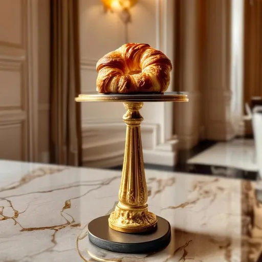 Prompt: A croissant sitting on a pedestal in a fancy hotel 