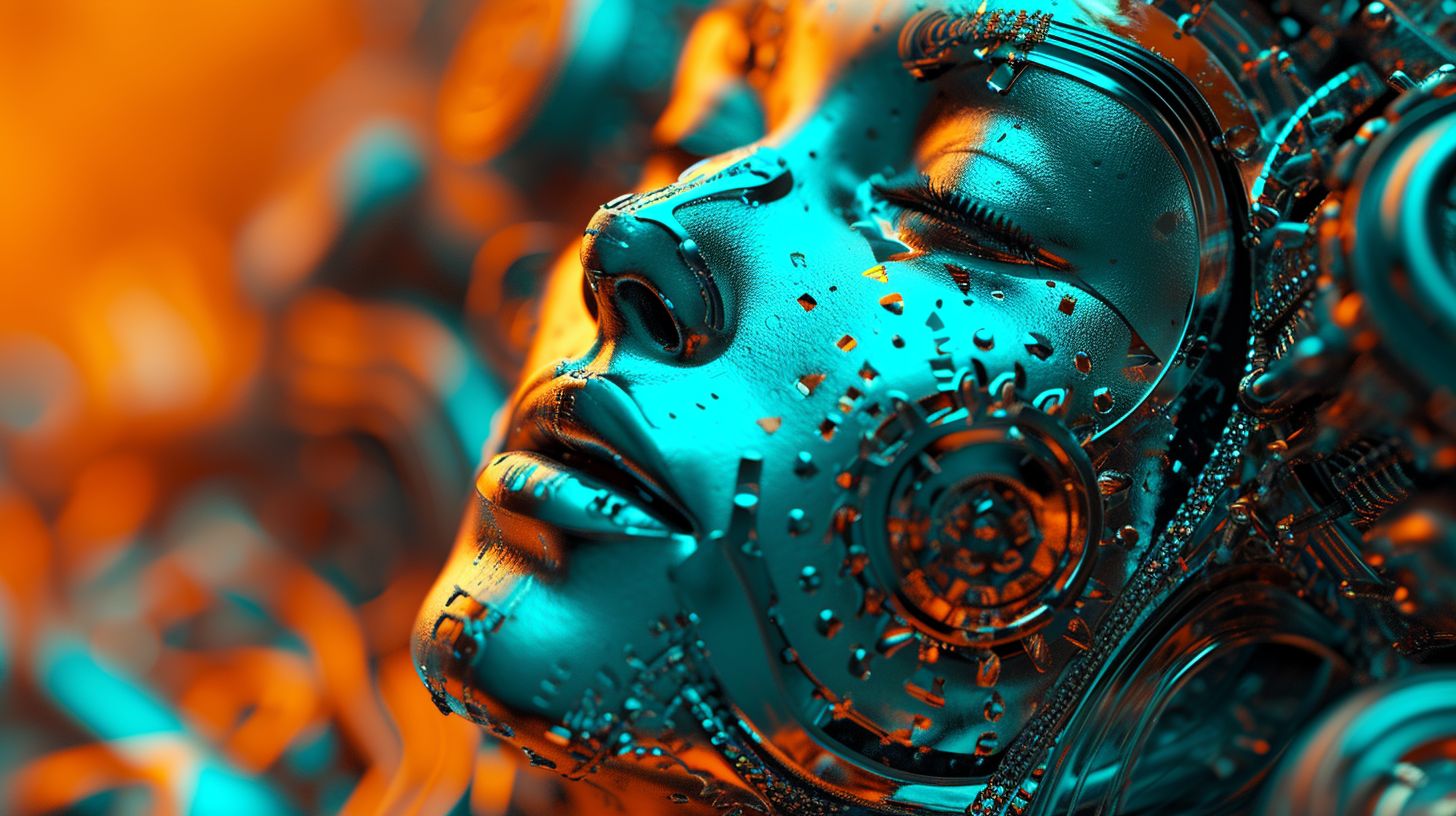 Prompt: 3d photo effects for photoshop/film/video with image, in the style of bold, pop art inspired ing, light turquoise and dark orange, cristina mcallister, robotic motifs, close up, object portraiture specialist, technocore