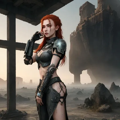 Prompt: Realistic random style ancient dystopian landscape, heavy mist, sunrise, 

physically attractive super detailed battle damaged, burn damaged, grimy android, exquisitely exotic, slender, ultra realistic, young adult woman, connected to a charging station,

wearing a heavy titanium collar, radiant red hair, exposed polished obsidian colored exoskeleton, random hair style,

perfect contouring, hyper detailed, intricate detail, finite detail, natural lighting and shadows, fantastical, fantasy concept art, 64k resolution, deviantart masterpiece. UHD, Perfect 3D Render.