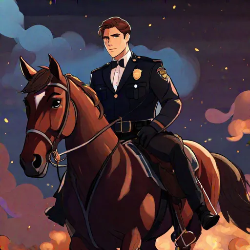 Prompt: Caleb  as a police officer (brown hair) (brown eyes) wearing a tuxedo, full body, riding a demon horse