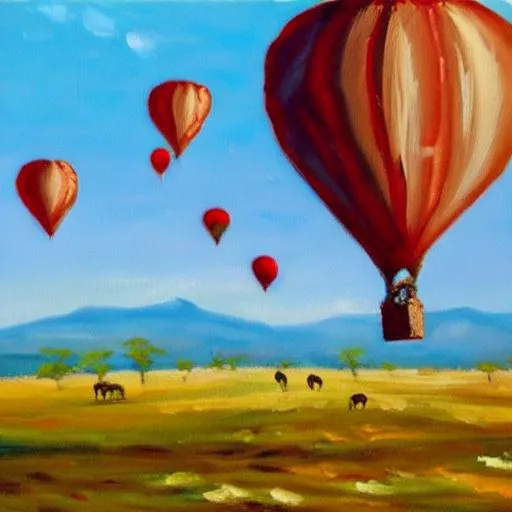 Prompt: Impressionist style painting of hot air balloons against a Serengeti backdrop 