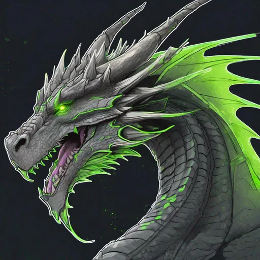 Prompt: Concept design of a dragon. Dragon head portrait. Coloring in the dragon is predominantly dark gray with subtle neon green streaks and details present.