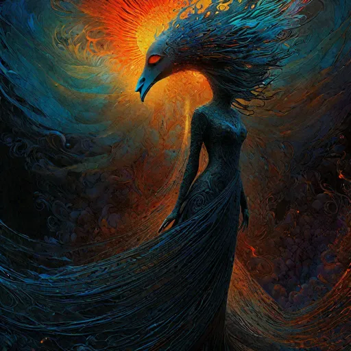 Prompt: The fool tarrot character co-designed by abraxas Zdzislaw Beksinski,  liminal photography, intricate detail, volcanic eruption, angelic  woman illuminated from within, biotech, magic, fantasy, mysterious, 3D, colorful , Full Body, Halo, Art Deco, Intricate Intricate, Line Art Weave, Black Mist, Background with a Large Halo, Telephoto Lens, Panoramic, Ultra-realistic, Ultra-Fine, Ultra Crazy Detail, Complex Detail Processing, 16k, High Detail, High Detail, Post Process, Ultra HD, Ultra Resolution, Denoising, Art Station, Black Light, Dark Tones