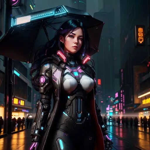 Prompt: portrait of a beautiful female android in a black cybernetic and futuristic exo-suit with a large blade on her back in cyberpunk city street, neon lights reflections, cinematic, unreal engine, photorealistic, 3d render, 32k, --niji 5 --style expressive, cyberpunk night city, trending on artstation, dim lighting, neon lights