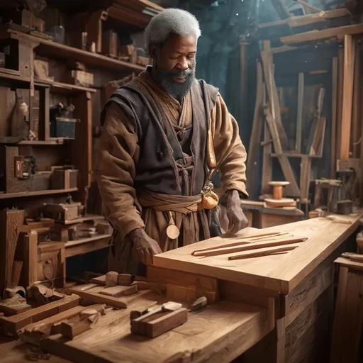 Prompt: mulatto carpenter in the East, in 
ancient times  in his ancient carpentry spot
