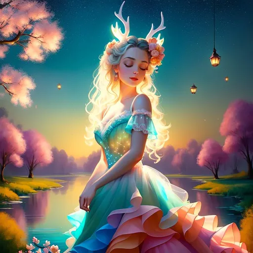 Prompt: painting of a beautiful girl, style of Fragonard, Pixar, Bob Ross, (messy hair), arms showing, legs showing, dusk, mid afternoon, sakura, peach, teal, bioluminescent, veils, (wearing intricate lace dress), (white stag horns),  (fluffy white wolf ears), stars, glowing, river, stream, lanterns, world tree, night sky, delicate, soft, silk, threads, ethereal, nebula, galaxy, luminous, ribbons, 3D lighting, soft light