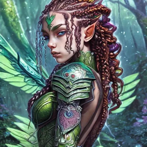 Prompt: Half-Nymph Half-Elf woman. Large multicolored sparkling Butterfly wings on back. Intricate Leather Armor. Small Size, Beautiful, long red hair with braids, piercing green eyes, tattoo of a rose on her right arm.  She is resting in a forest. Facing forward.