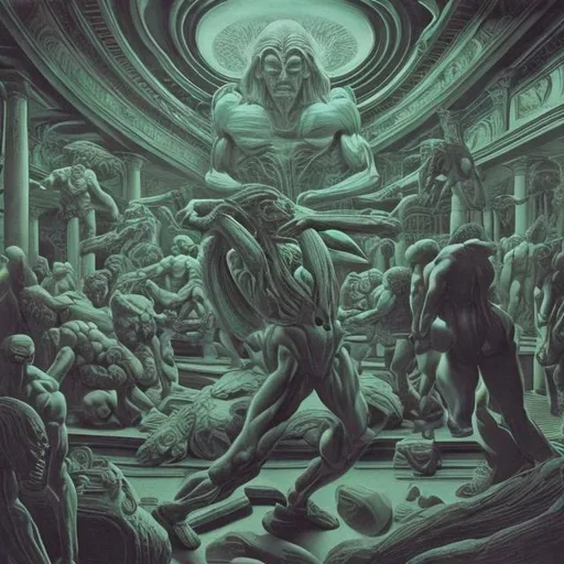 Prompt: Bodybuilding Anti-Laocoon by Ernst Fuchs, playing guitar for tips in a busy alien mall, widescreen, infinity vanishing point, galaxy background