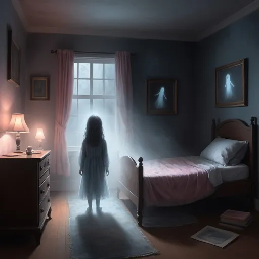 Prompt: A ghostly figure in a dark room standing in front of a bed, fog on the floor, right a small window where a little bluish light shines through, digital art