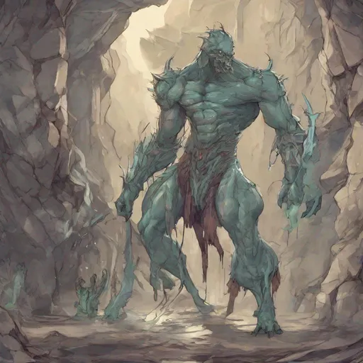 Prompt: {{{{{{Gelatinous Body}}}}}}, {{{Full Body Grey Skin}}}, {{Slime Body}}, masculine small plasmoid, claws, tail, fangs, evolution, wielding two psionic daggers, fantasy setting, cave background, combat stance, colored