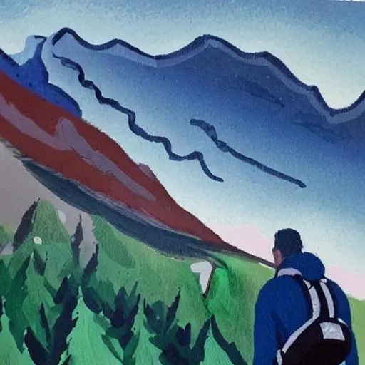 Prompt: a guy climbing a mountain in a paint style