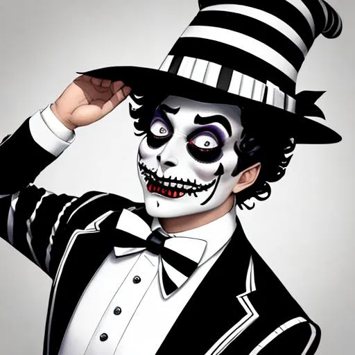 Prompt: A character inspired by Beetlejuice, face clear with black skull makeup around eyes and mouth, wearing his iconic striped suit and hat, with wild hair and exaggerated facial features.
Art Style: Cartoonish grotesque
Art Inspirations: Tim Burton, Ralph Steadman, Robert Crumb
Camera: Wide angle
View: Bird's eye view
Resolution: 4K
Detail Level: Highly detailed
Lighting: Soft light, with warm tones
Color Scheme: Bright and contrasting, with pops of red and blue
Render Related Information: Line work, cel shading, flat colors