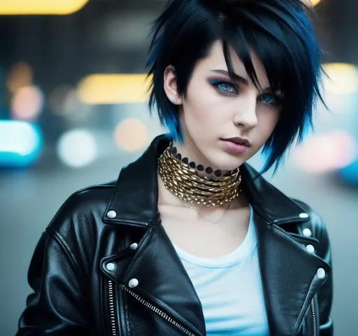 Prompt: A young beautiful punk ,25 years old ukraine female,ideal short black hair , hair in a slight mess, pretty blue eyes, ,half open lips, black clothes, wearing spiky chocker, gridiron , black torn clothes, focus, cool pose, cinematic lighting, golden hour photography, 64k,UHD,highly realistic,ultra realistic,dynamic potrait,cinematic,photorealistic, wasteland background, broken buildings