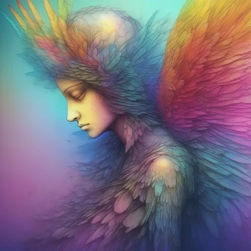 Prompt: Beautiful doodle angel, broken glass effect, vivid rainbow colours, frilling, shading, feathers, beksinski, like something that doesn't even exist, mythical creature