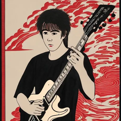 Prompt: A portrait of a young guitarist from NZ in an 1983 Japanese art style