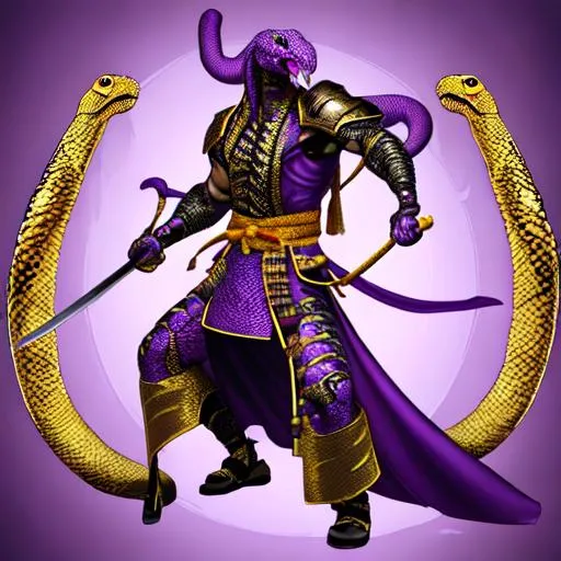 Prompt: mutant-cobra-sensei-serpent-anatomy-purple-scaled-snake-skin hoisting katana-sword -with-gold-navy-coloured-full-body-samurai-armour
