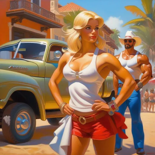 Prompt: Buff Puerto Rican gigachad meets cute blonde American girl, 2050, cartoony style, extremely detailed painting by Greg Rutkowski and by Henry Justice Ford and by Steve Henderson 