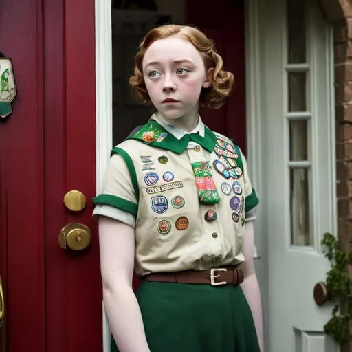 Prompt: Amybeth McNulty as a 1950s era Girl Scout at the front door of Saoirse Ronan and Jack Lowden’s house.