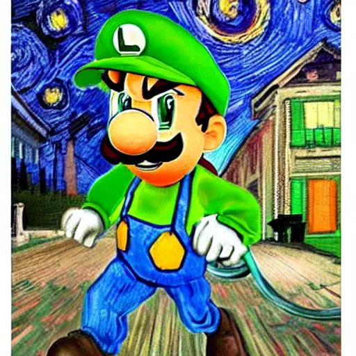 Prompt: Luigi tall n   green cap  L in the front entering  walking up to Luigi’s mansion with ghost vacuum Boo ghosts scared trembling in the style of Van Gogh mixed media oil painting style 