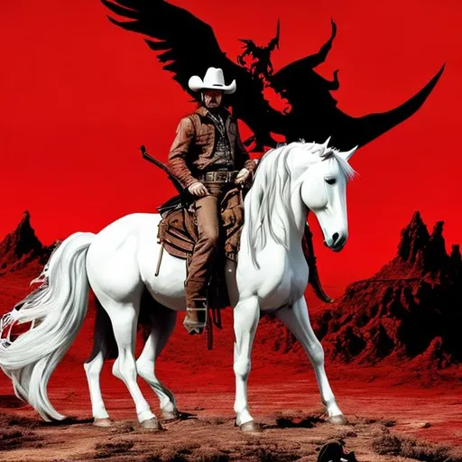 Prompt: A lone cowboy sits atop his white stallion holding a revolver in either hand. Ahead of him is Hell itself with its hordes of demons and beyond that is Lucifer himself atop his red throne. 