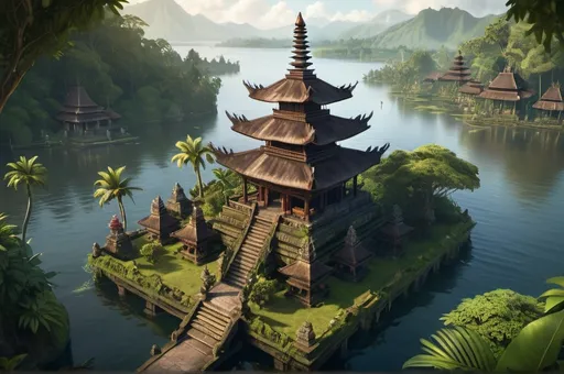 Prompt: Fantasy illustration of a balinese temple, architecture similar to Pura Ulun Danu Bratan, on an island in a lake, bird's-eye view, game-rpg style, detailed temple design, lush greenery, mystical atmosphere, atmospheric lighting, highres, detailed landscape, fantasy, RPG, bird's-eye view, temple architecture, lush environment, mystical, atmospheric lighting, detailed design, game style, high quality, detailed landscape