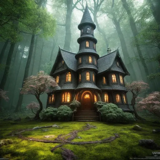 Prompt: 200 mm lens, centered, cinematic shot, award winning CGI,

a witch house made of mythical (tree Yggdrasil), mythical forest background, surreal, colorful forest, magical, dreamlike, epic fantasy, vivid colors, vibrant color,

(Ultra detailed, finest detail, intricate), 

(Volumetric lighting, specular lighting, reflection, global illumination, ray tracing, depth of field, soft shadow),

photography, digital imaging, 3D renders, octane renders, HD, UHD, 64K, masterpiece, professional work,