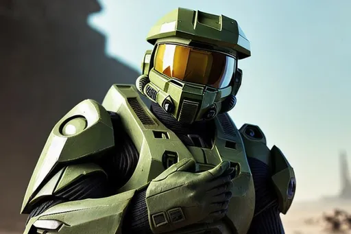 Prompt: Master Chief holding some sunglasses