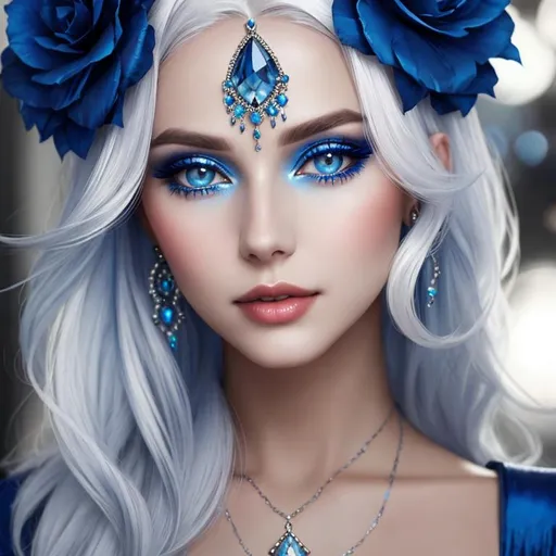 Prompt: A beautiful woman, white hair, blue eyes, blue eyeshadow, blue jewels on forehead