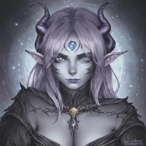 Prompt: A beautiful D&D Circle of Stars Druid, character portrait, dark fantasy, detailed, realistic face, digital portrait, fiverr dnd character. Of a beautiful Tiefling woman of 27 years old, with blue skin, horns, tattoos of stars on her face and hands, one eye of black with an iris of a white cross. She is wearing a witch's robe and Hat with the underside of the Hat having a star constellation on it. Leather armor and Amethyst Cloak A dazzling purple and black sewed cloak studded with amethyst gems.