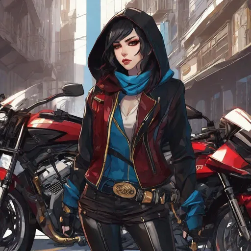 Prompt: two thirds body profile, anime style, a cute young female vistani arcane trickster rogue, burgundy eyes pupils and lips:6, pale skin, long wavy black hair with a blue stripe, skinny, punk clothes, holding a motorcycle helmet confident expression, wearing a gold inlaid hood, standing next to a motorcycle, two thirds body, combination of burgundy and red and gold and black color scheme, pretty and innocent looking, fierce, devious, dangerous, bad girl, style of courier, cool nighttime tokyo city atmosphere, style of vampire, manga style, style of Studio Ghibli, extremely detailed print by Hayao Miyazaki,