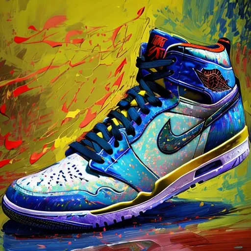 Prompt: Immerse yourself in an impressionistic masterpiece featuring Air Jordan shoes. The image is created with bold and energetic brushstrokes, capturing the essence of movement and dynamism. The Air Jordan shoes are portrayed in a semi-abstract style, with vibrant colors and expressive textures. The lighting is dappled, reminiscent of sunlight filtering through leaves, adding a touch of natural warmth. The composition is carefully balanced, highlighting the shoes' iconic silhouette and emphasizing their cultural significance. This artwork transports you to a realm where impressionism meets sneaker culture. --ar 9:16