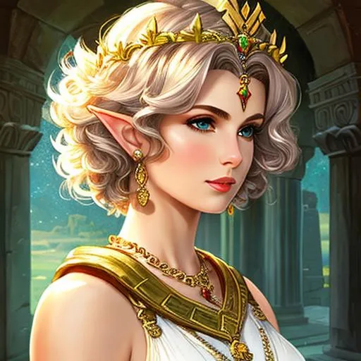 Prompt: dnd, fantasy, portrait, female, greek mythology, elf, short curly hair, laurel crown, warrior