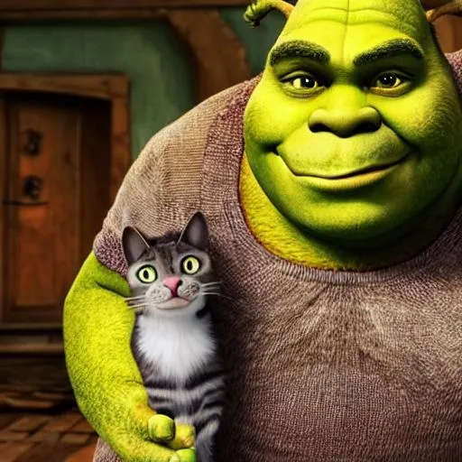 Prompt: highly detailed promo image of shrek with a cat as a pet

