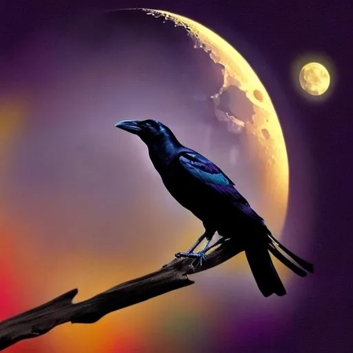 Prompt: A crow circling the moon colorful