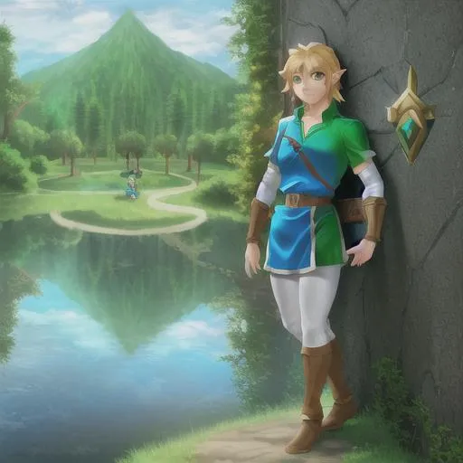 Prompt: link from the legend of zelda ocorina of time. standing with foot against wall with forest around him. with a lake next to him.