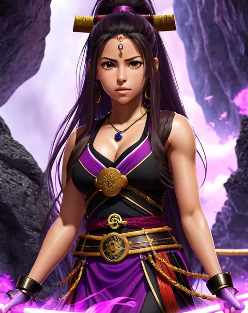 Prompt: 3 posters images 
(Shakira, 16 years old)
With  (Olivia Munn, 16 years old) 
as samurais, wearing purple samurai artifact gear, dramatic, cinematic lighting, caustic, cave background, sleeveless, black wild hair, brown eyes, ethereal, jewelry set balayage, royal vibe, highly detailed, digital painting, Trending on artstation , HD quality, tan skin, Big Eyes, artgerm, by Ilya Kuvshinov