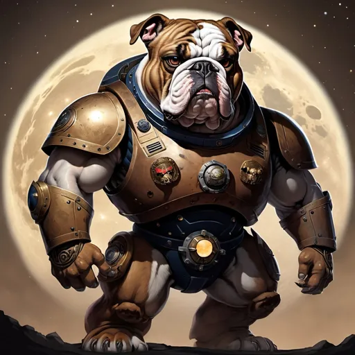 Prompt: brown Bulldog head on a human body, space marine, full body view, with large full moon in the background 
anthropomorphic

