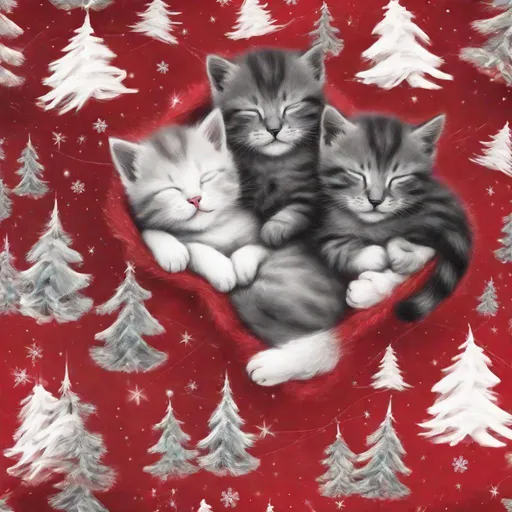 Prompt: kittens sleeping under a red christmas tree
