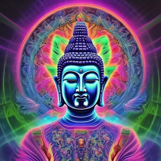 Prompt: kaleidoscopic painting neon electric buddha deep space universe. water above and below. angels in warrior attire waiting at the gates in the clouds 