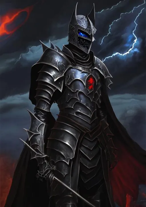 Prompt: A medievalUndead Dark Knight in dragon scale armor with glowing blue eyes peeking out of the helmed and a Dark cloud trails behind him.