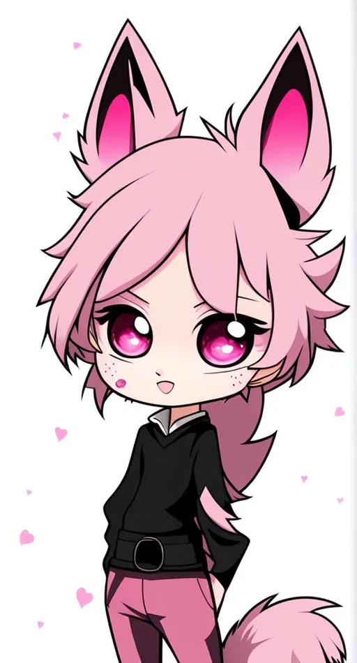 Prompt: Pink punk hair, pink fennec fox, black pink eyes, with a black eyepatch on the right eye with a pink heart shape on the black eyepatch, with pink cheeks, dark brown long sweater with sleeves, black pants with a black belt, furry. Chibi