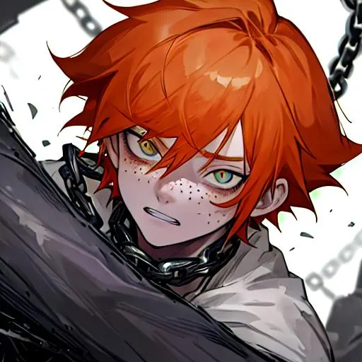 Prompt: Erikku male adult (short ginger hair, freckles, right eye blue left eye purple) 8K, Highly detailed, insane detail, best quality, high quality, holding a chain saw