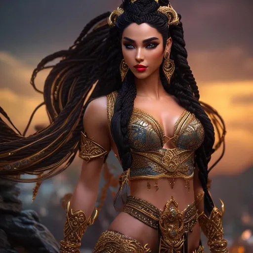 Prompt: Gorgeous, stunning, beautiful, otherworldly toned muscular Yuan-Ti martial artist goddess with long braided hair wearing a body chain and belly dancer costume, full body, centered, fantasy setting, character concept, cinematic, colorful background, concept art, dramatic lighting, highly detailed, hyper realistic, intricate sharp details, octane render, smooth, studio lighting, trending on art station, 8k, HDR, unreal engine, emotive, cgi, animated, character art, iridescent, metallic