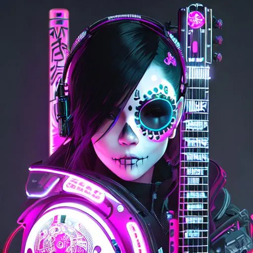 Prompt: detailed portrait Neon guitar, sugar skull makeup, cyberpunk futuristic neon, reflective, decorated with traditional Japanese ornaments by Ismail inceoglu dragan bibin hans thoma greg rutkowski Alexandros Pyromallis Nekro Rene Maritte Illustrated, fine details, realistic