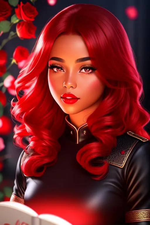 Prompt: ((Red)))Magic Glowing Book, light coming out of it, full color black girl ((as a Police )), A hyper realistic full body image. A surreal landscape of a rose, wearing soft petals, bright red gloss lips, rosy cheeks, red lips, voluminous auburn brown hair, CGI, fantasy genre, mature woman.
